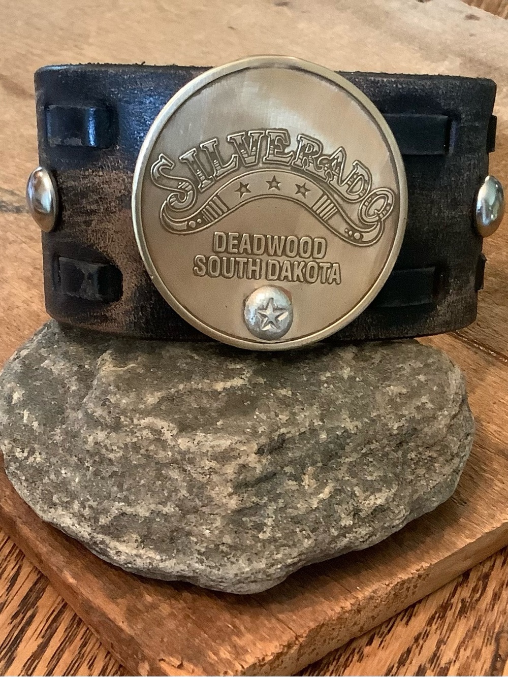 Leather cuff ,Brass, Deadwood Medallion, up to 6 1/2” wrist